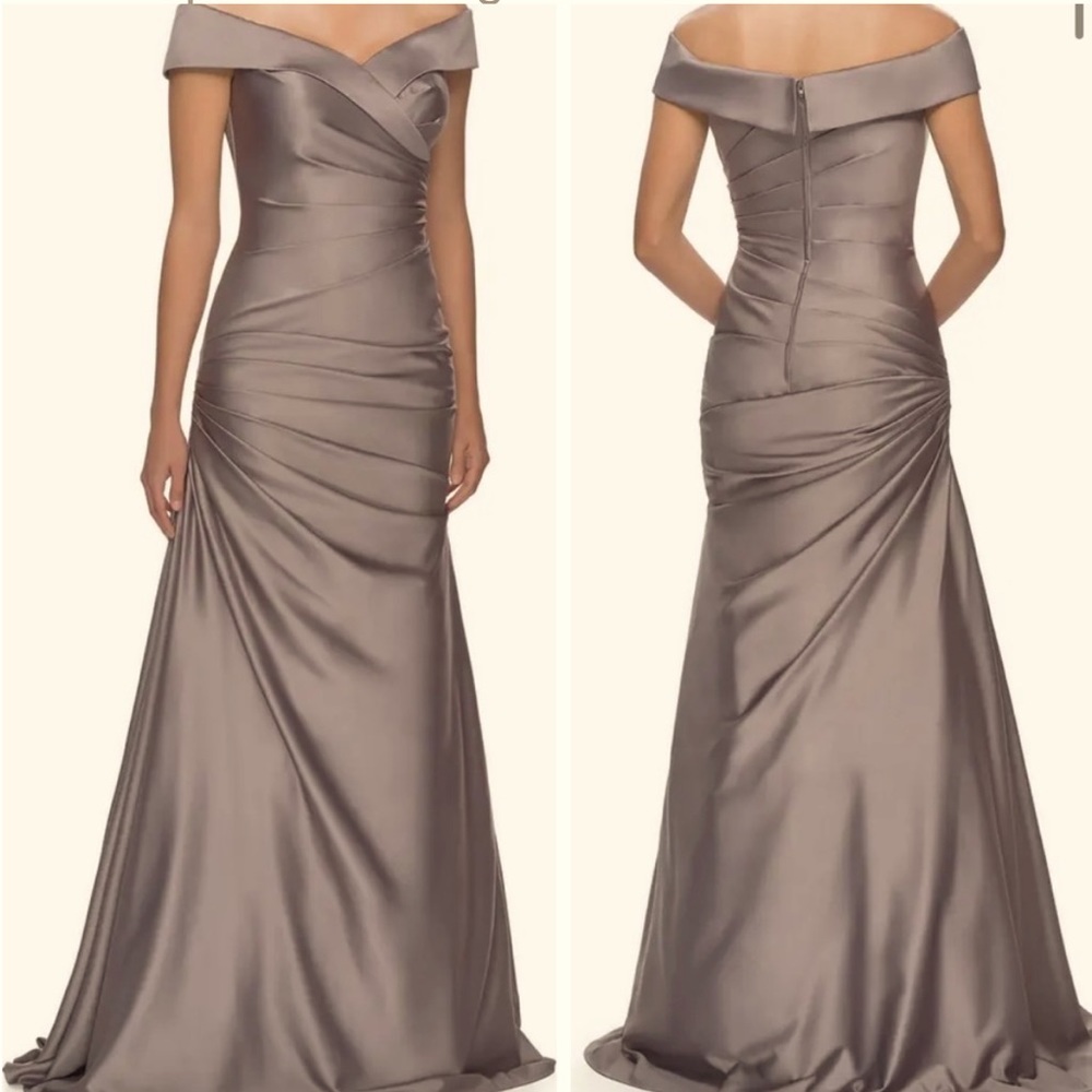 La Femme evening dress gown cold shoulder grey satin off the shoulder ruched